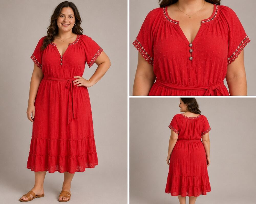Skies Are Blue Swiss Dot Midi Dress Women's 2X NWT Red Boho Belted Cottagecore